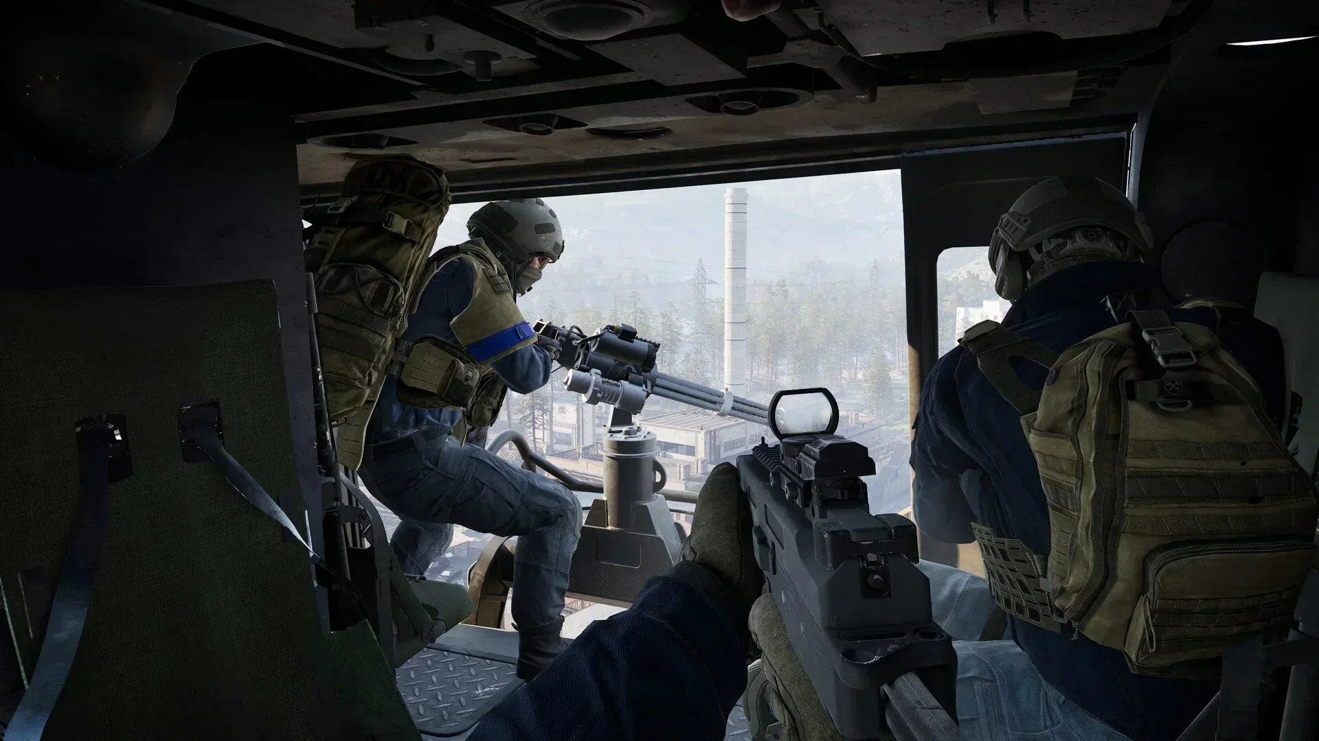WARDOGS squad firing from a helicopter over the battlefield