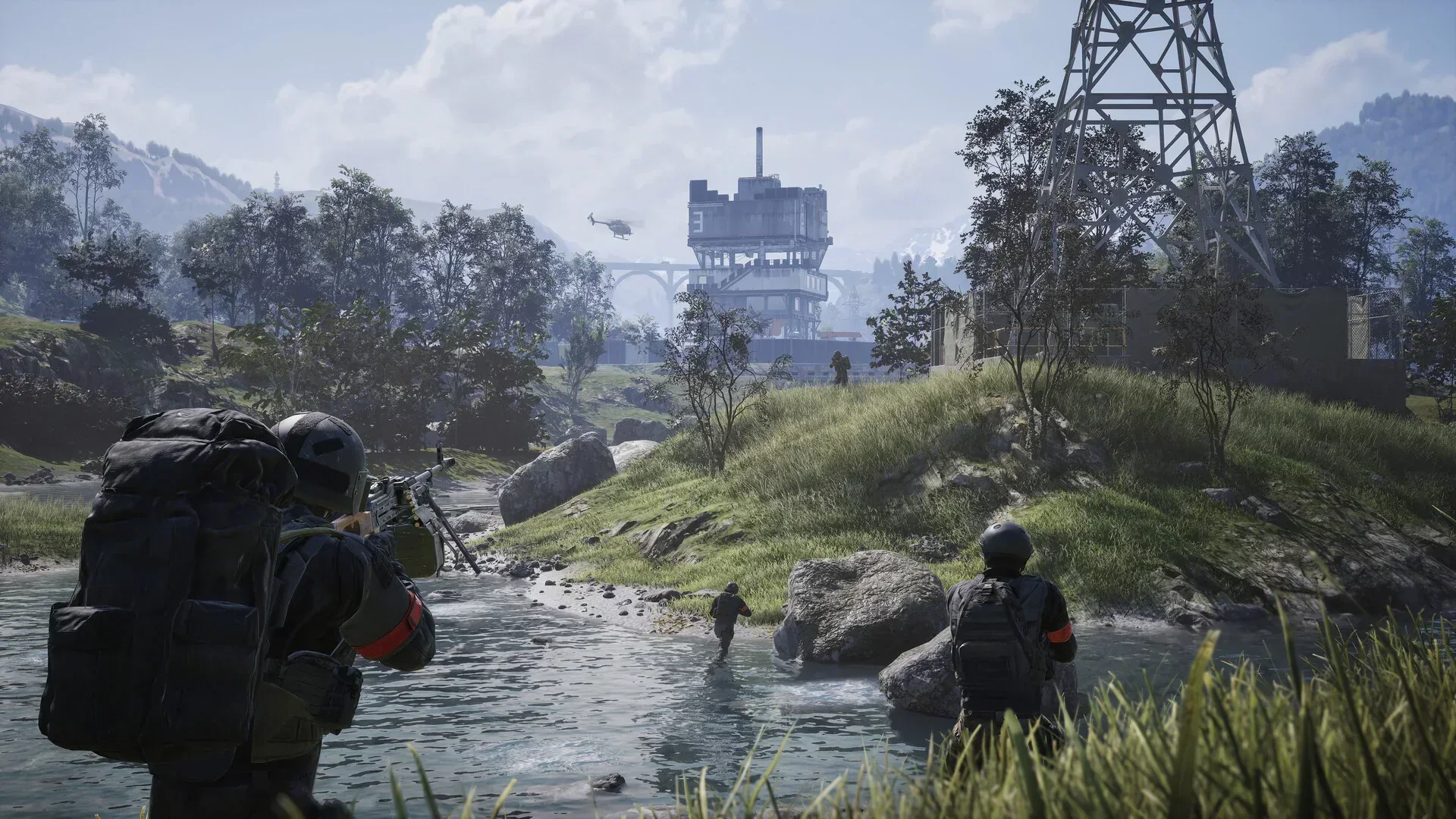 WARDOGS squad crossing a river toward an industrial outpost