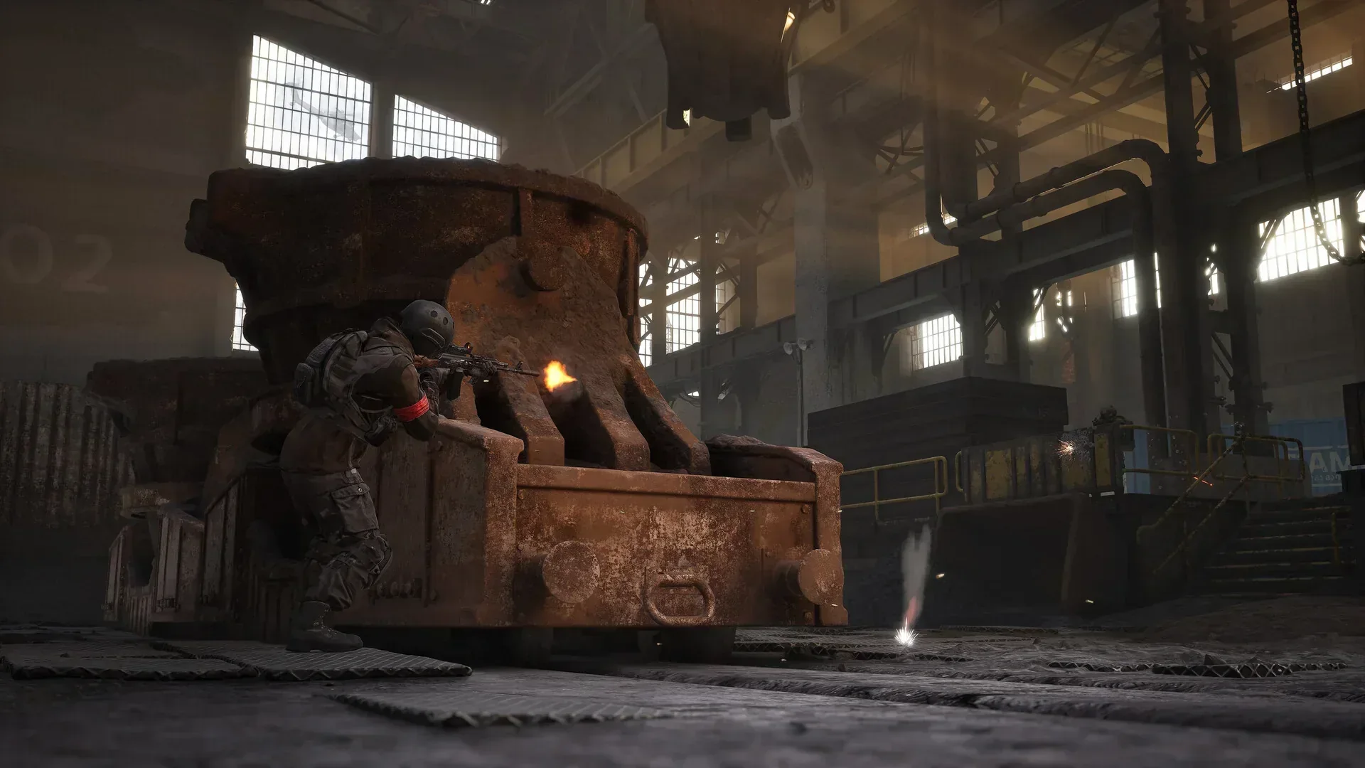 WARDOGS soldier firing from cover inside an industrial facility